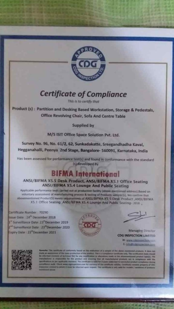 Chair studio mangalore Awards and Certification ISO certified company