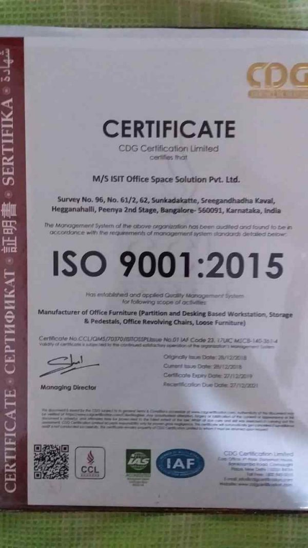 Chair studio mangalore Awards and Certification ISO certified company